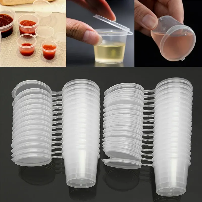 30 teile/satz 30 ml 50 ml 100 ml Einweg Kunststoff Takeaway Sauce Tasse Container Lebensmittel Box mit Klappdeckel pigment Farbe Box Wiederverwendbare