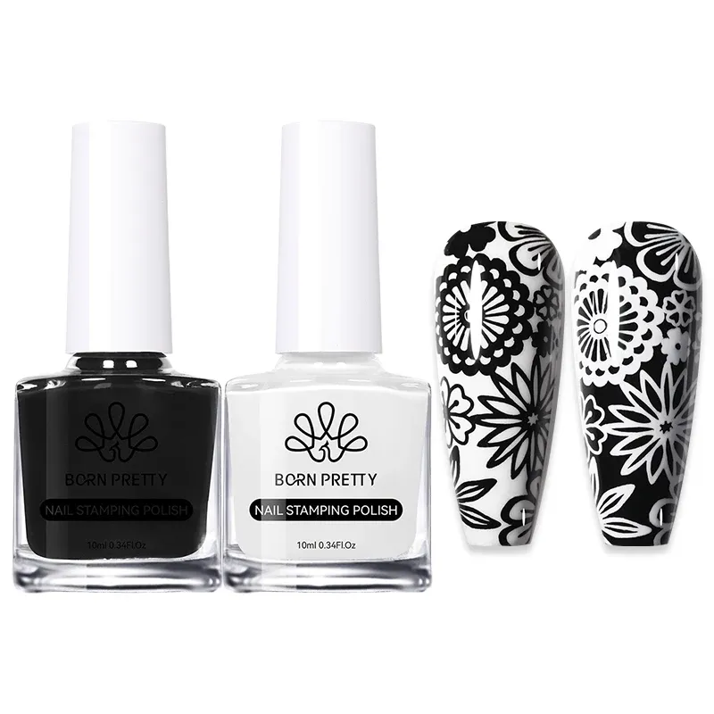 BORN PRETTY 2 Teile/satz 10ML Schwarz Weiß Nagel Stempeln Polnisch Lack Gold Silber für Nail art Platten Stempel Öl stanzen Serie
