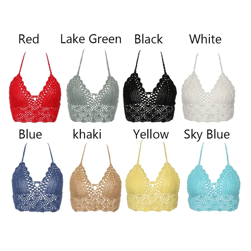Neue Sexy Bikini Crop Top Häkeln Boho Strand Camisoles Bikini Bralette Halter Cami Gestrickte Bh Frauen Backless Beachwear Tank Top
