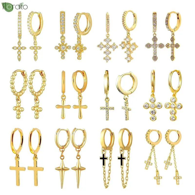 Creolen aus 925er-Sterlingsilber, Nadel, modischer Kreuz-Anhänger, für Damen, Vintage-Goldfarbe, kleine Ohrringe, Luxus-Schmuck, Geschenke