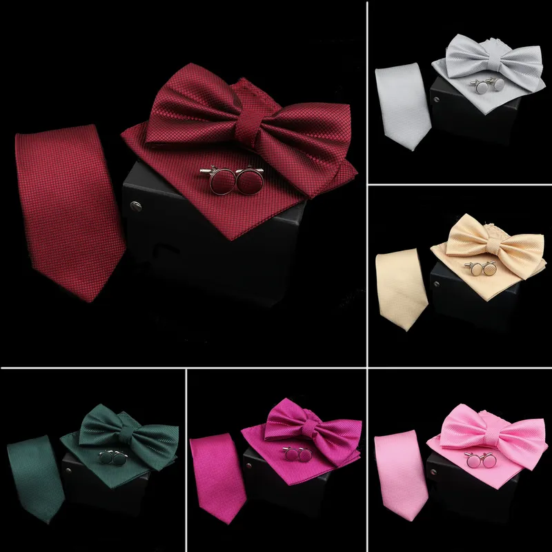Einfarbig Polyester Krawatte Bowtie Taschentuch Manschettenknöpfe Set Männer Mode Schmetterling Hochzeit Krawatte Ohne Box Neuheit Krawatten Geschenk