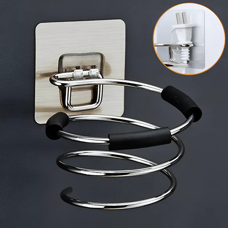 Haartrockner-Halter, Gebläse-Organizer, selbstklebend, zur Wandmontage, nagelfrei, ohne Bohren, Edelstahl-Spiralständer, Aufbewahrung für Badezimmer