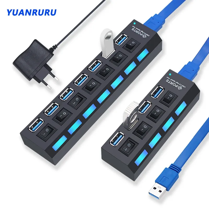USB Hub 3.0 Hub USB 3 USB 2.0 Multi USB Splitter Netzteil 4/7 Port Multiple Expander 2.0 mit Schalter für PC-Zubehör