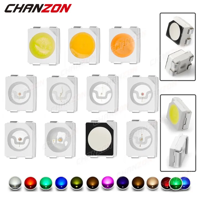 100 Stück 3528 SMD LED-Diodenchip Warmweiß Rot Grün Blau Gelb Orange UV Lila Rosa RGB PLCC2 PLCC-4 Lampenlichtperlen emittierende