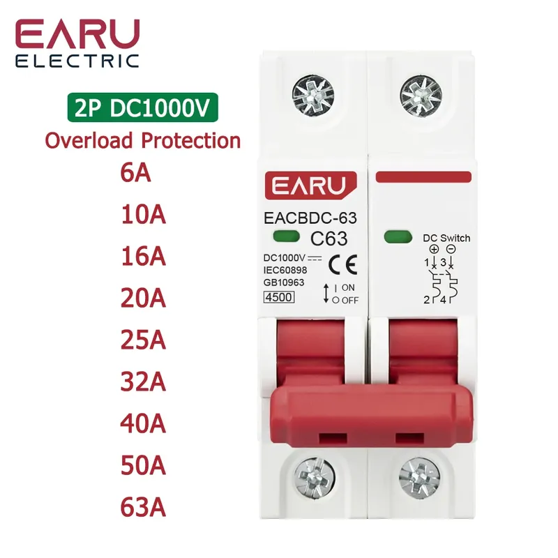 DC 1000V Solar Mini Leistungsschalter Überlastschutzschalter 6A/10A/16A/20A/25A/32A/40A/50A/63A 2P DC1000V Photovoltaik MCB PV