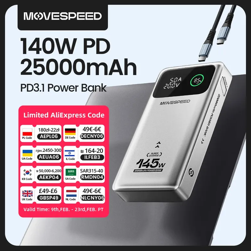 MOVESPEED M25Pro 140 W Power Bank 25000 mAh PD3.1 Schnellladung Tragbarer externer Akku 100 W Powerbank für MacBook Notebook Laptop