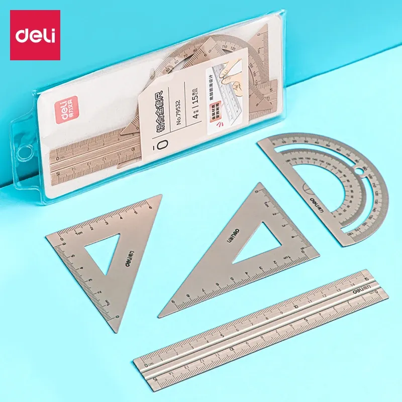 DELI Aluminium-Zeichenset, 4-teiliges Lineal-Set für die Schule, gerades Lineal, dreieckiger Winkelmesser, Schreibwaren
