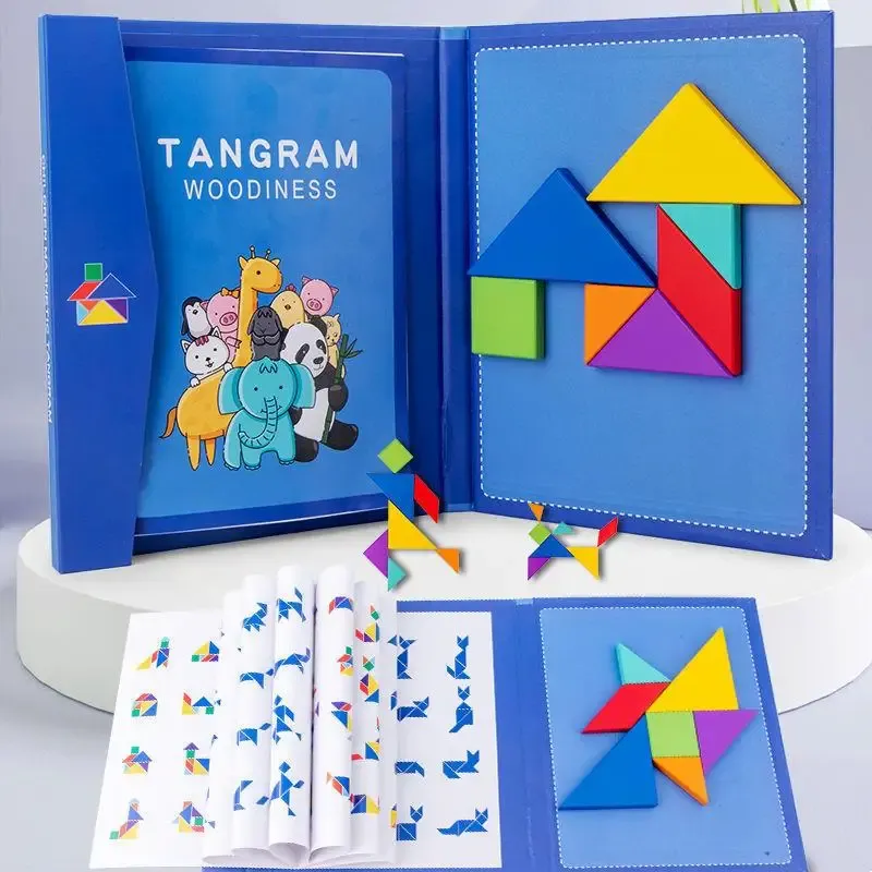 Holz Puzzle Magnetische Tangram Puzzle Buch Pädagogisches Spielzeug Für Kinder Baby Kind Tragbare Montessori Lernen Intelligenz