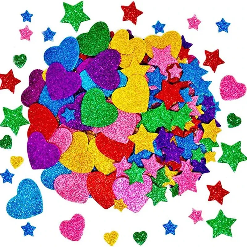50–250 Stück bunte Glitzer-Schaumstoff-Aufkleber, selbstklebende Sterne, Herzen, Kinder, Kunsthandwerk, Zubehör, Grußkarten, Heimdekoration, Spielzeug