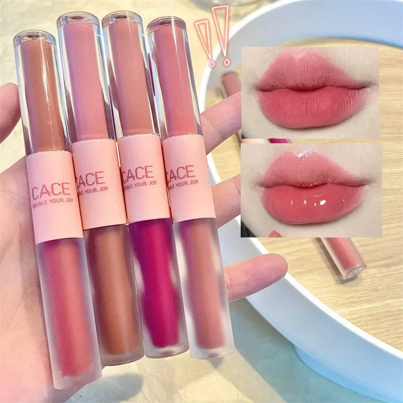 Double End Lip Glaze Vollglanzspiegel und mattierter Samt Langfristige Farbe und Feuchtigkeit Lipgloss Anti-Fleck-Kosmetik-Lippenglasur