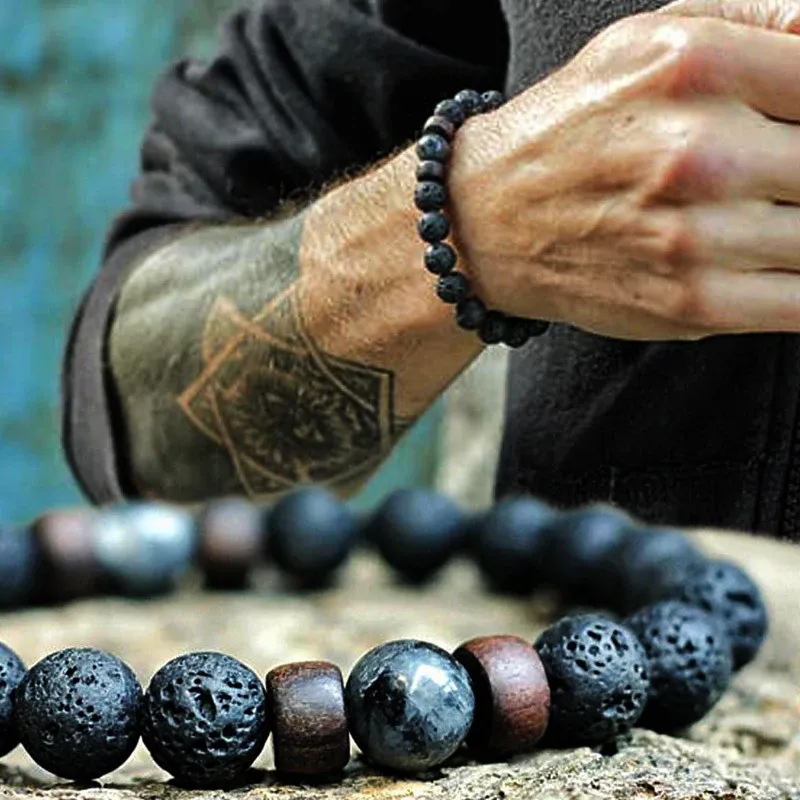 Vulkanstein-Armband für Männer, Lava-Holzperlen-Armband, tibetischer Buddha, Handgelenkkette, Damen- und Herrenschmuck, Geschenk, neue Armbänder