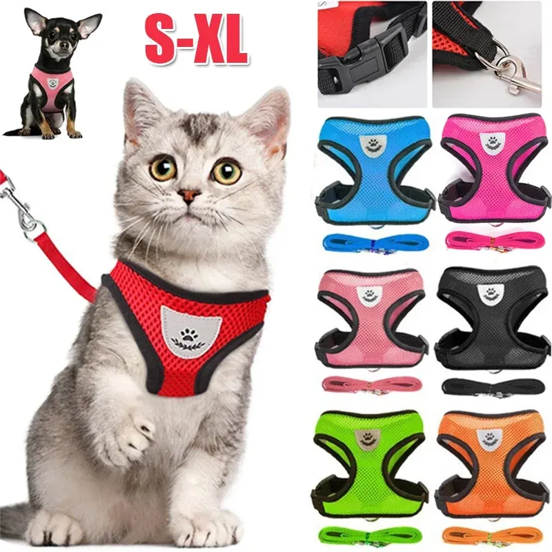 Katzen-Hundegeschirr mit Leine, verstellbare Weste, Polyester-Mesh, atmungsaktive Geschirre, reflektierende Sti für kleine Hunde und Katzen, Zubehör