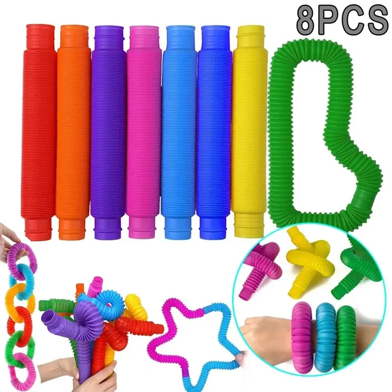 8PCS Bunte Teleskop Rohr Pop Rohr Stretching Rohr Wellrohr Kinder Erwachsene Stress Relief Spielzeug Pädagogisches Klapp Spielzeug