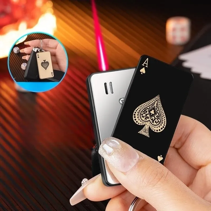 Metall rote Flamme Spielkarte ungewöhnliche Fackel Turbine Butan gas Feuerzeug kreative wind dichte Outdoor-Feuerzeug personal isierte Männer Geschenk