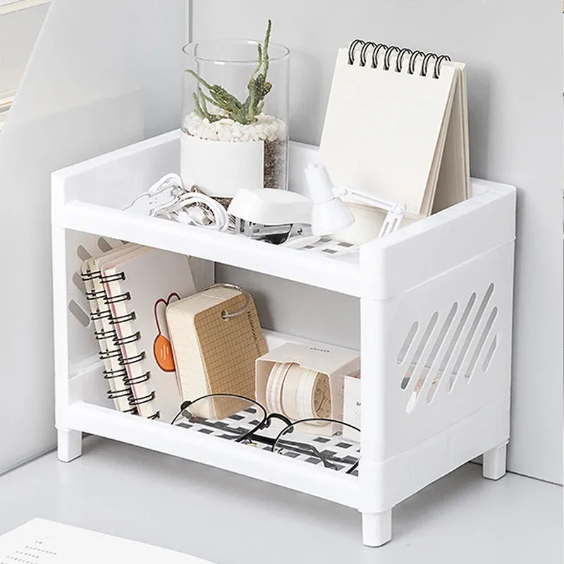 1PC PP Desktop Doppel Schicht Lagerung Rack Rechteckige Weiß Organisation Student Schreibtisch Büro Kosmetik Schreibwaren