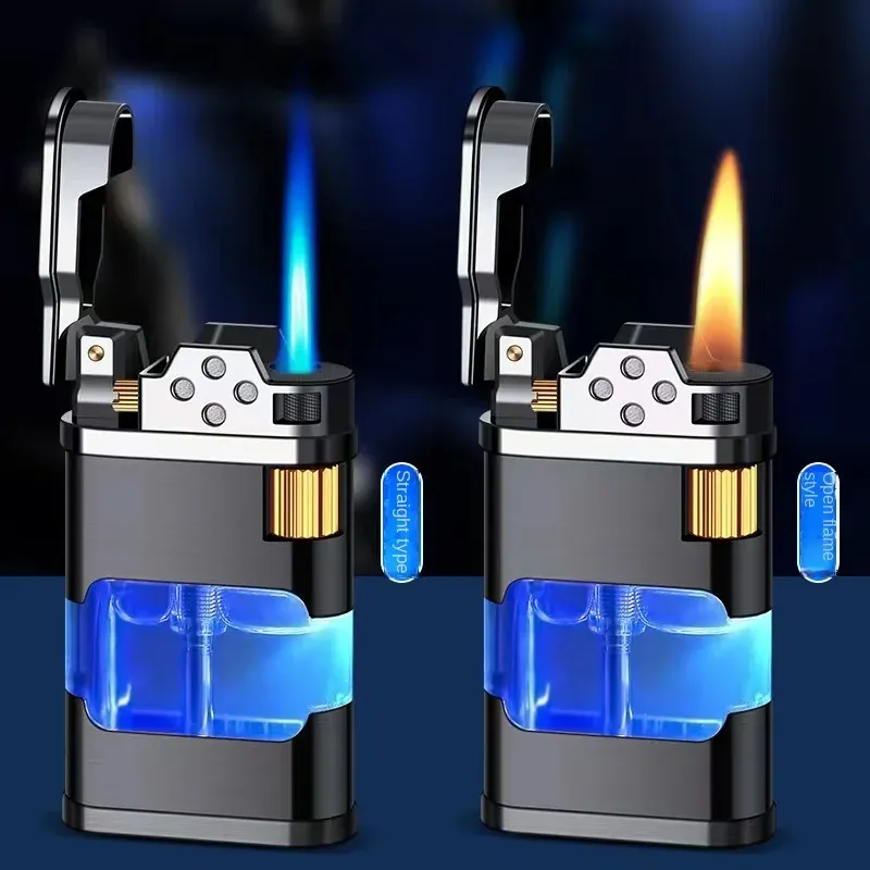 Transparentes Lagerflammen-Gasfeuerzeug, Metallbrenner, Turbo, ungewöhnlich, kreativ, winddicht, blaues Butan-Zigarettenanzünder, Herren-Gadget
