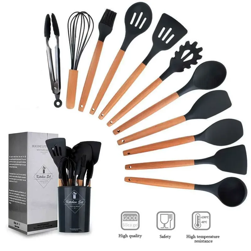12 Stück Silikon Küchen geschirr Antihaft-Kochgeschirr Küchen utensilien Set Spatel Schaufel Eier schläger Holzgriff Koch werkzeug Set