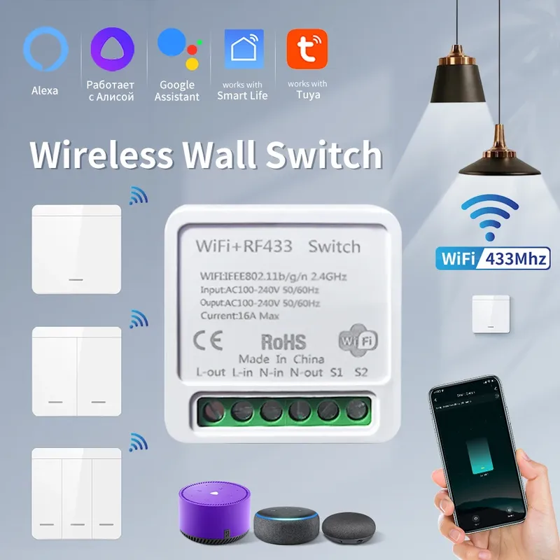 Tuya WiFi Smart Licht Schalter Smart Home Drahtlose RF 433 mhz Push Button Wand Schalter Über Alexa Google Home Alice smart Leben App