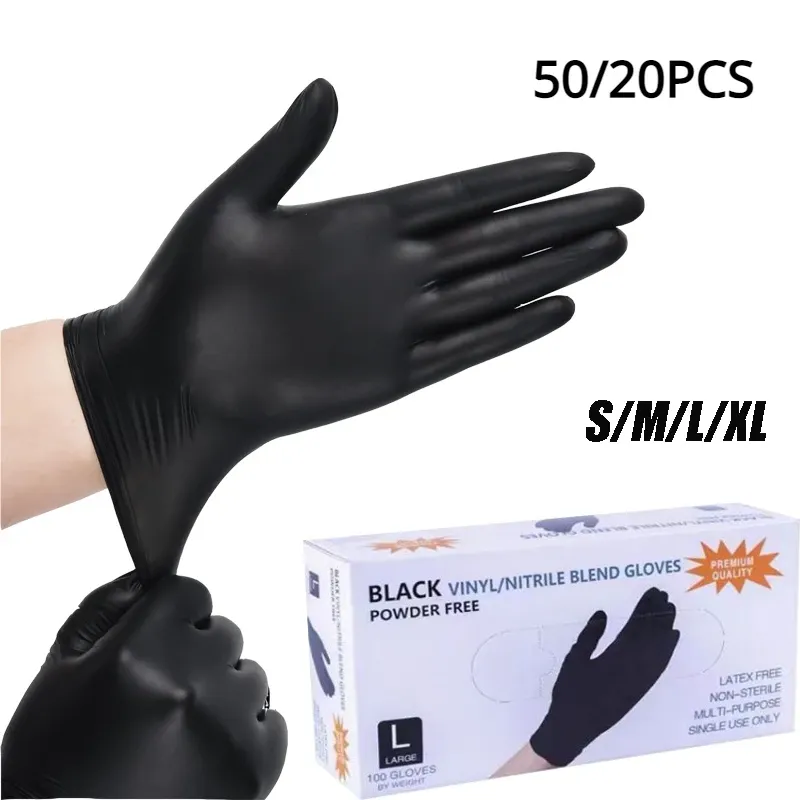 50/20 Stück schwarze Einweg-Nitrilhandschuhe, latexfrei, wasserdicht, langlebig, geeignet für die Küche, Lebensmittelverarbeitung, Schönheitssalon, Familie