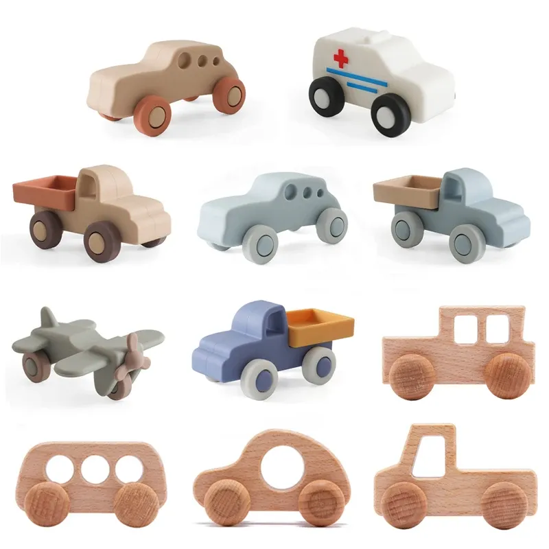 Baby BPA FREI Silikon Auto Krankenwagen Spielzeug Holz Cartoon Bus Beißring Pädagogisches Montessori Spielzeug Für Kinder Zahnen Baby Spielzeug
