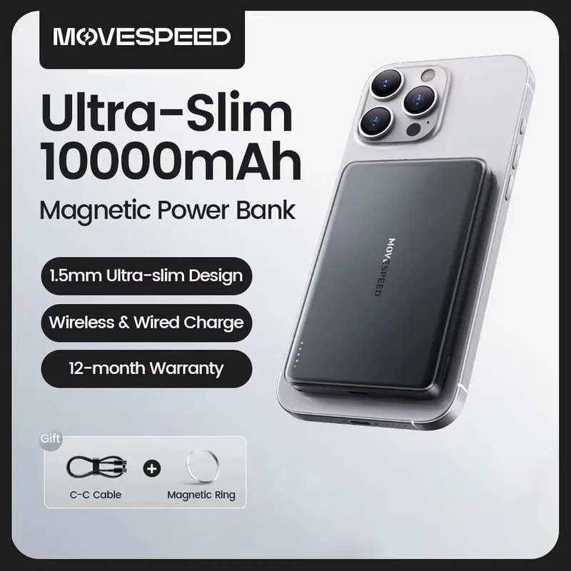 MOVESPEED S10 Slim Magnetic Power Bank 10000 mAh PD20W Tragbares Ladegerät Drahtloser externer Akku für iPhone 16 Samsung Powerbank