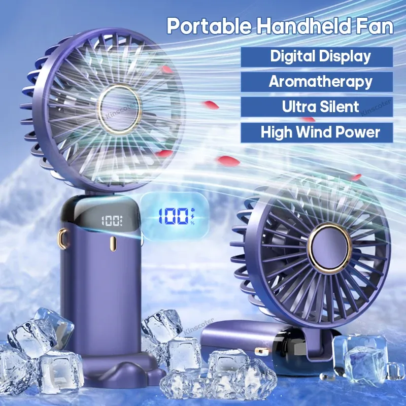 USB-Hand-Mini-Ventilator, faltbar, tragbar, zum Aufhängen am Hals, 5-Gang-USB-wiederaufladbarer Ventilator mit Telefonständer und Bildschirm