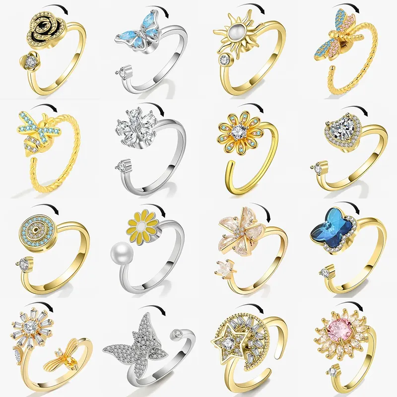 SMJEL Fidget Spinner Ring Angst für Frauen Mehrere Kristall Blume Auge Schmetterling Tier Ring Drehen Anti Stress Hochzeit Jewerly