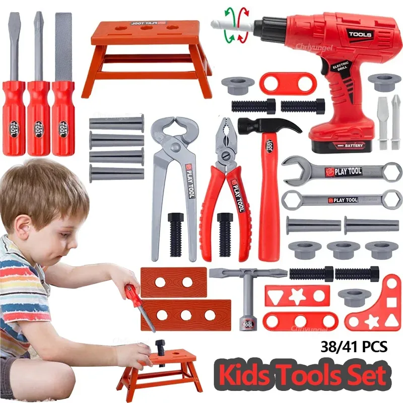 Pretend Tools Kit Spielzeug 38/41 PCS Spielen Reparatur Werkzeug Set Ingenieur Simulierte Kunststoff Bau Spielzeug Kleinkind Kinder Jungen Geschenk
