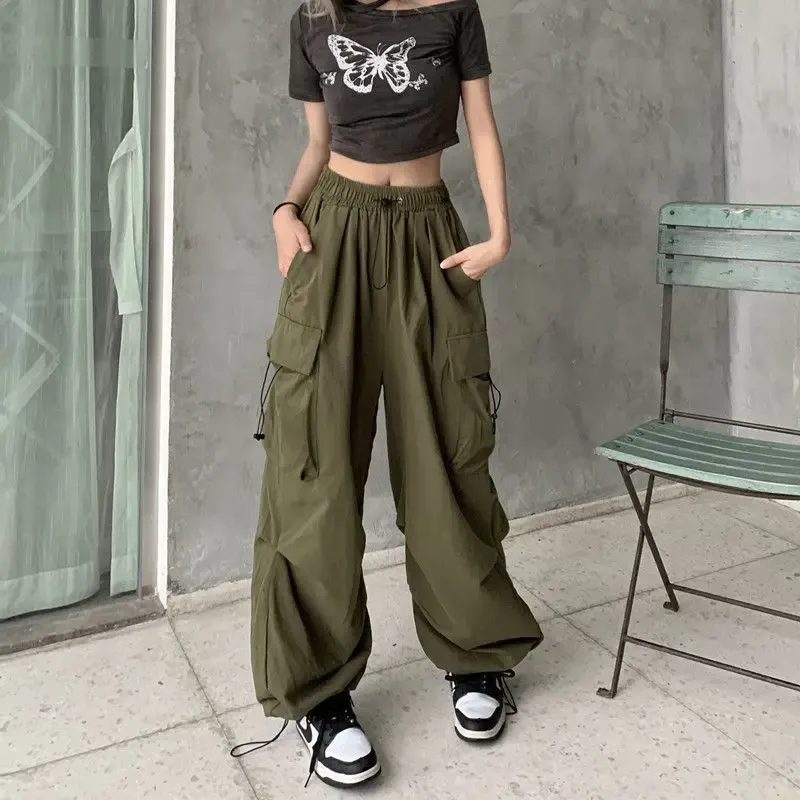 Frauen Casual Baggy Cargo Hosen Solide Low Taille Jogger Tech Hosen Kordelzug Breite Bein Baggy Hosen Y2K Streetwear Jogginghose