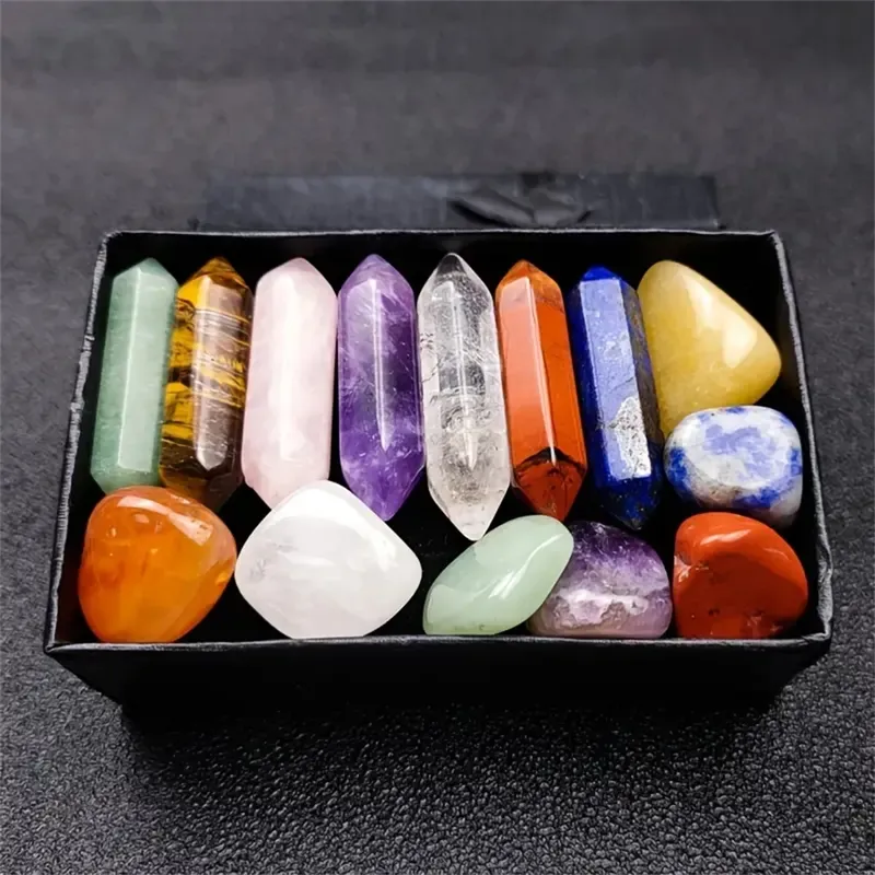 14-teiliges Set mit spitzen Quarzkristall-Chakra-Heilsteinen und Kristallen, sechseckige Rosenquarz-Edelsteine für Meditation, Schlafzimmer-Dekoration