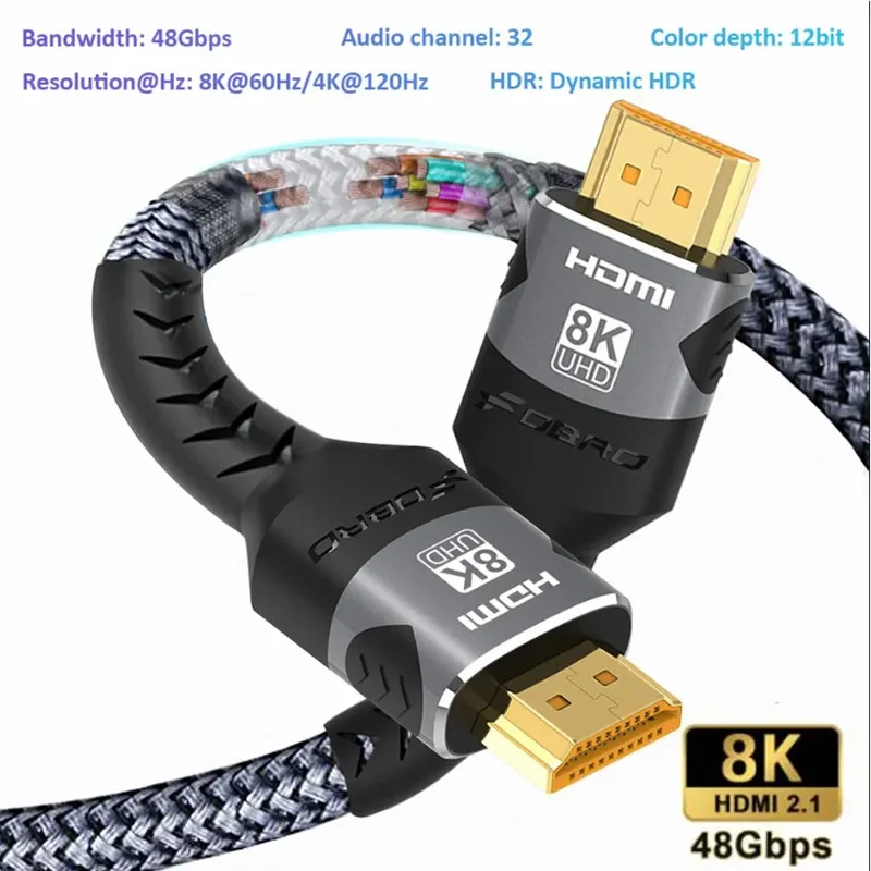8K HDMI-Kabel 2.1 48 Gbit/s Hochgeschwindigkeits-HDMI-geflochtenes Kabel-4K bei 120 Hz 8K bei 60 Hz, DTS:X, HDCP 2.2 und 2.3, HDR 10 für kompatiblen Laptop/PS5