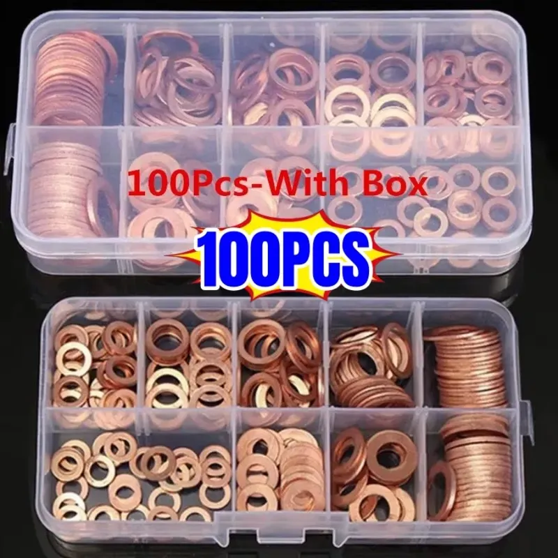 Kupfer-Unterlegscheiben-Dichtungsmutter- und Bolzensatz, Flachring-Dichtungs-Sortiment-Set mit Box //M8/M10/M12/M14 für Sumpfstopfen