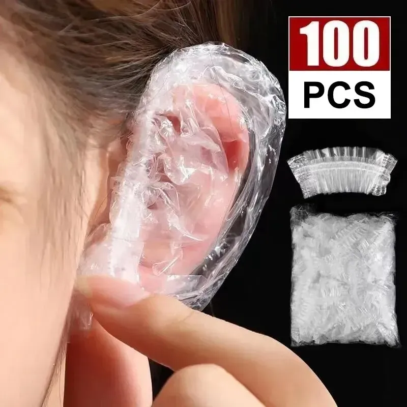 100PCS Einweg Haar Ohrenschützer Farbstoff Transparent Elastische Dusche Haar Farbstoff Schutz Werkzeug Schild Wasserdichte Earpack Kunststoff Wrap