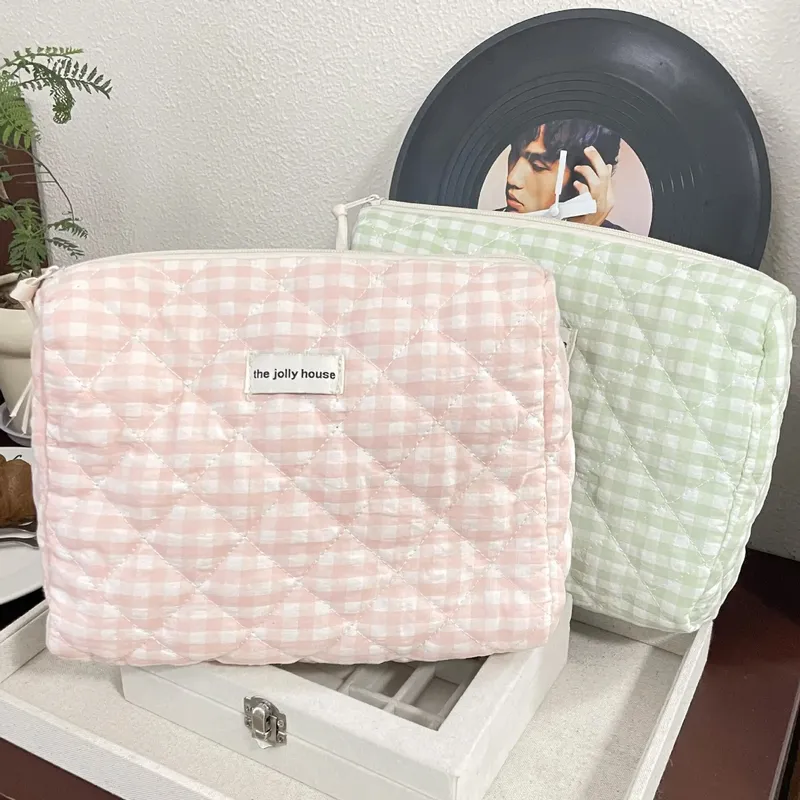 Lässige Damen Kosmetik beutel große Kapazität Reise Aufbewahrung taschen einfache karierte Damen Clutch Handtaschen rosa Leinwand Frauen tasche
