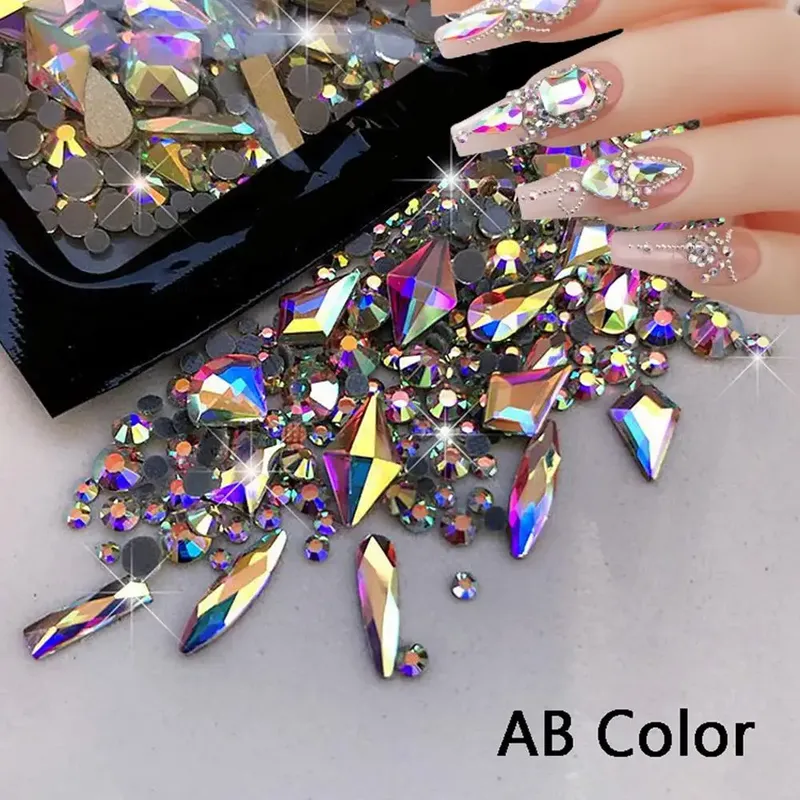 1 Beutel 3D AB/klare gemischte runde Nail Art Charms glitzernde Flatback Gold/Rot Mini Strasssteine Nail Art Dekorationen Edelsteine Diamant