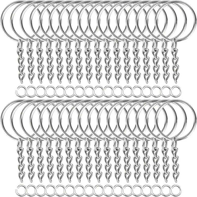 30 Stück versilberter Metall-Rohling-Schlüsselanhänger, geteilter Schlüsselanhänger mit Kette, Kletterschnallen, Karabiner, Schlüsselanhänger, Ringe, Zubehör