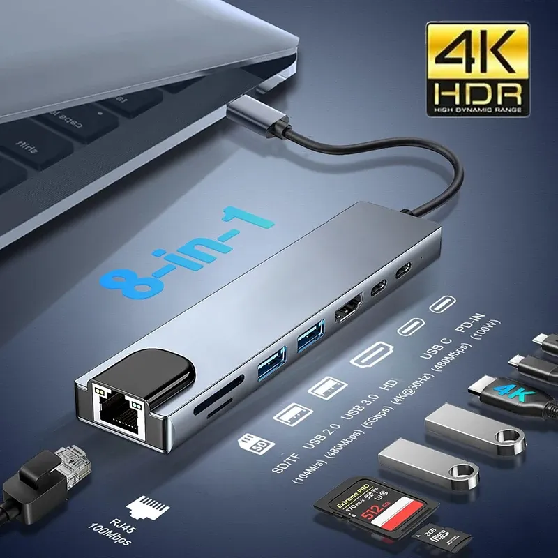 USB C 8-in-1-Hub-Adapter für MacBook PC PD Charge 8 Ports Dock Station RJ45 HDMI-kompatibler TF/SD-Karten-Laptop Typ-C-Splitter