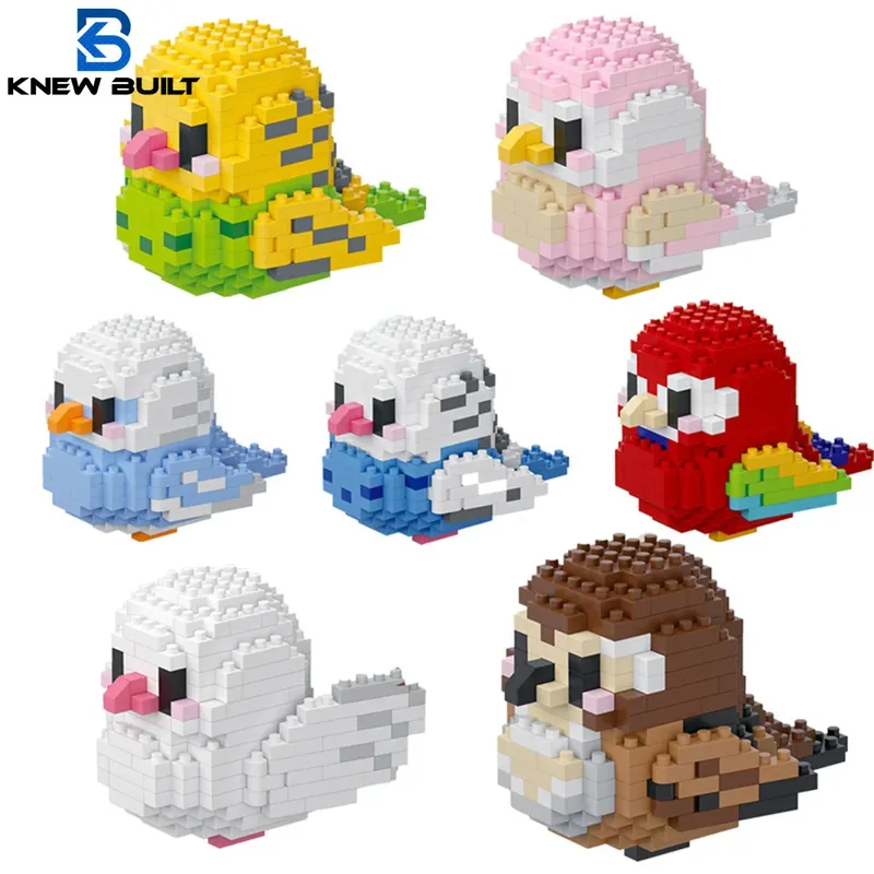 KNEW BUILT Bunte Papageien-Micro-Mini-Bausteine, Montagespielzeug, 3D-Modellsteine für Vögel, Spaß, praktische Fähigkeiten, Geschenk