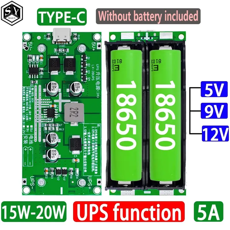 Typ-C 15 W 3 A 18650 Lithium-Batterie-Ladegerät-Modul DC-DC Step-Up-Booster Schnellladung USV-Stromversorgung/Konverter 5 V 9 V 12 V