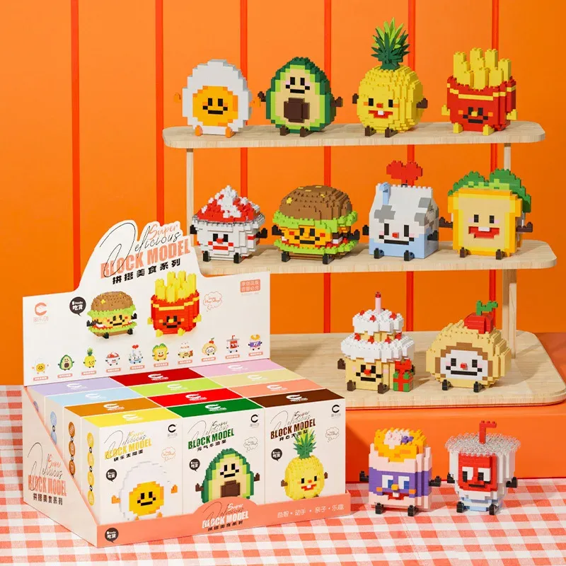 Lustige Mikropartikel-Bausteine „Happy Eat and Play“-Serie, lebendige Avocado-Ananas, pädagogisches Montagespielzeug für Kinder
