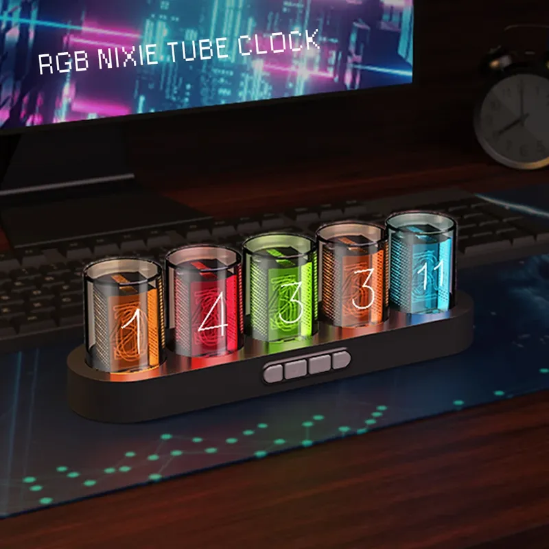 Spielzimmer Desktop Dekoration mit LED Glührohr NIXIE Uhr. Wunderschöne und farbenfrohe RGB Lichteffekte. Mehrere Anzeigemodi. Hochwertige Geschenkverpackung