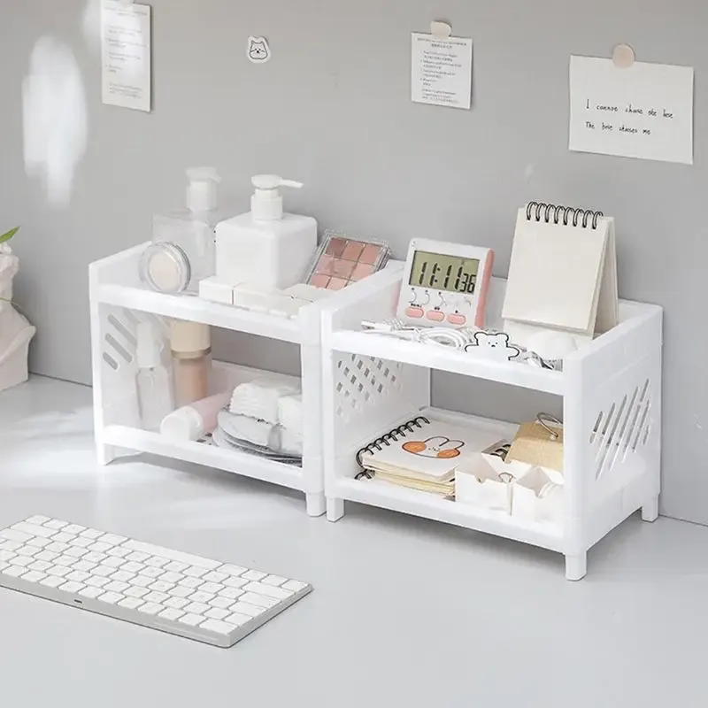 1PC PP Desktop Doppel Schicht Lagerung Rack Rechteckige Weiß Organisation Student Schreibtisch Büro Kosmetik Schreibwaren