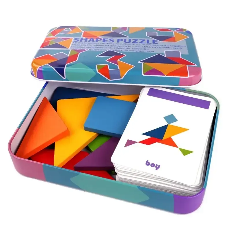 Kinder Holz Bunte Tangram Eisen Box Lagerung Puzzle Frühe Bildung Intelligenz Anzahl Buchstaben Holz Spielzeug