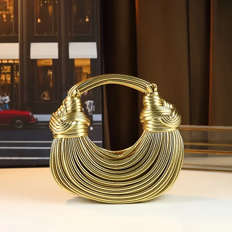 Handtaschen für Damen, 2025, neue goldene Luxus-Designermarke, handgewebte Nudeltaschen, Seil, geknotet, gezogen, Hobo, Silber, Abend-Clutch, schick
