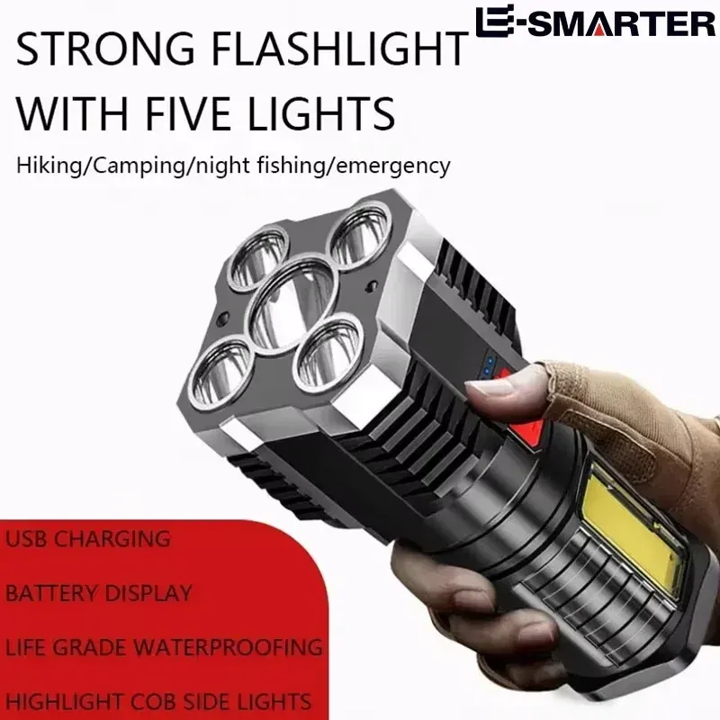 5 LED-Hochleistungs-LED-Taschenlampen, wiederaufladbarer Camping-Scheinwerfer mit Seitenlicht, 3 Beleuchtungsmodi für Camping-Abenteuer im Freien