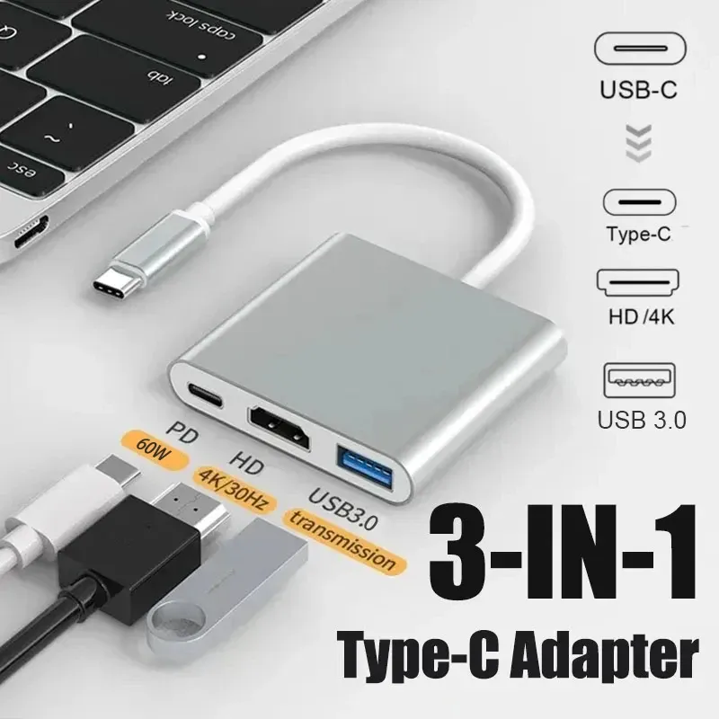 3-in-1-USB-C-Hub mit 100 W Stromversorgung, USB 3.0 4K HDMI-kompatibel für MacBook Surface Chrome Steam Deck, stabiler Smart-Adapter