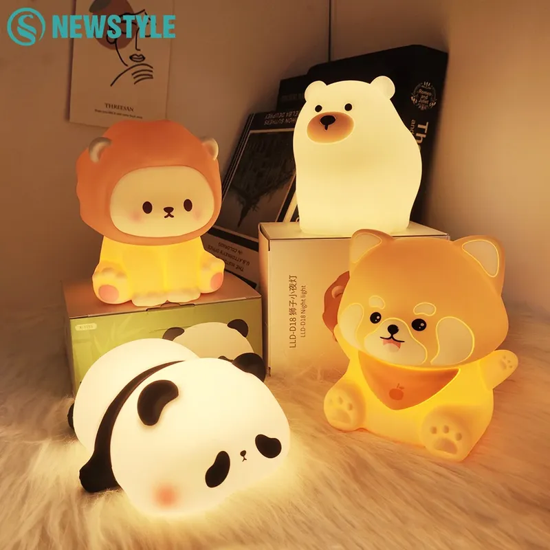 Niedlicher Panda LED Nachtlichter Löwe Silikon Schlaflampe USB wiederaufladbar Timing Nachttisch Baby Nachtlichter als Geburtstagsgeschenk