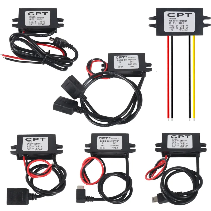Wasserdichter 12-V-zu-5-V-Konverter, DC-DC-Abwärtsmodul, Netzteil, USB-A-Buchse/Typ-C/Dual-USB/offener Kabelanschluss