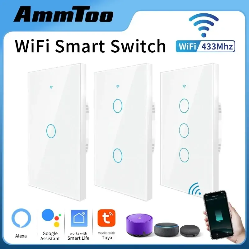 AMMTOO Tuya WiFi Smart Lichtschalter US 120 Typ Wireless Wall Touch Panel 1/2/3 Gang Unterstützung Alexa Google Home Smart Life