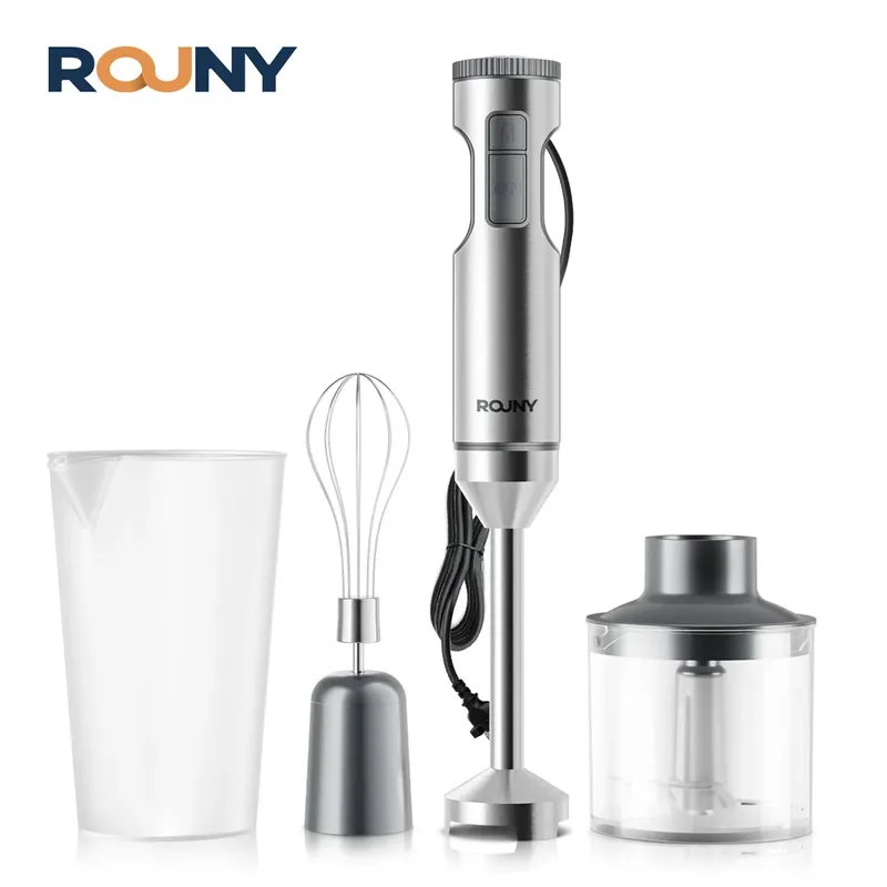 ROUNY 4-in-1-Handmixer, 1000 W, leistungsstarker Stabmixer aus Edelstahl, 700 ml Rührbecher, 500 ml Prozessor, Schneebesen